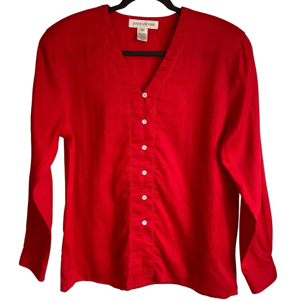 Jones New York 100% Linen Blouse Sz 12 Button Front Long Sleeves V-Neck Preppy